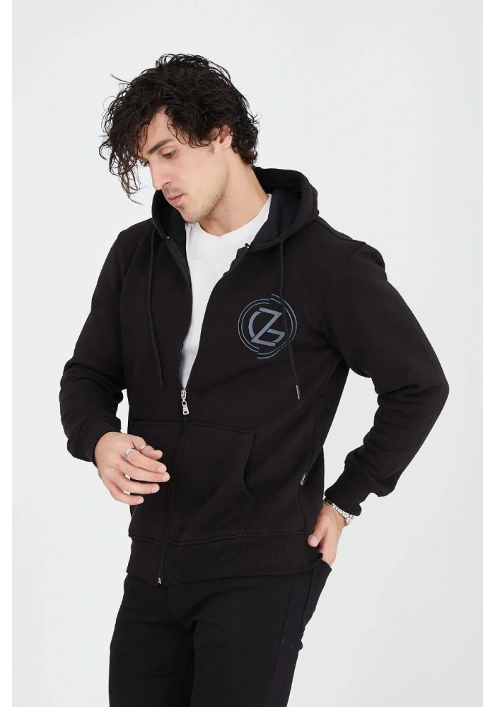 Erkek Kapüşonlu Z Baskılı Fermuarlı Hırka - Siyah