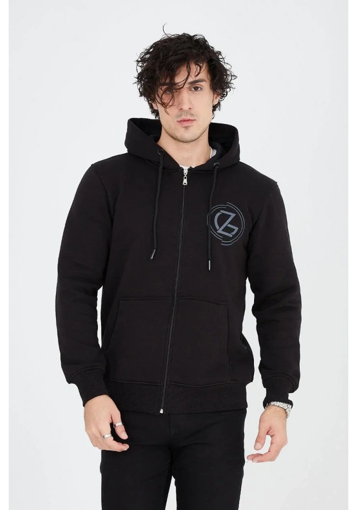 Erkek Kapüşonlu Z Baskılı Fermuarlı Hırka - Siyah