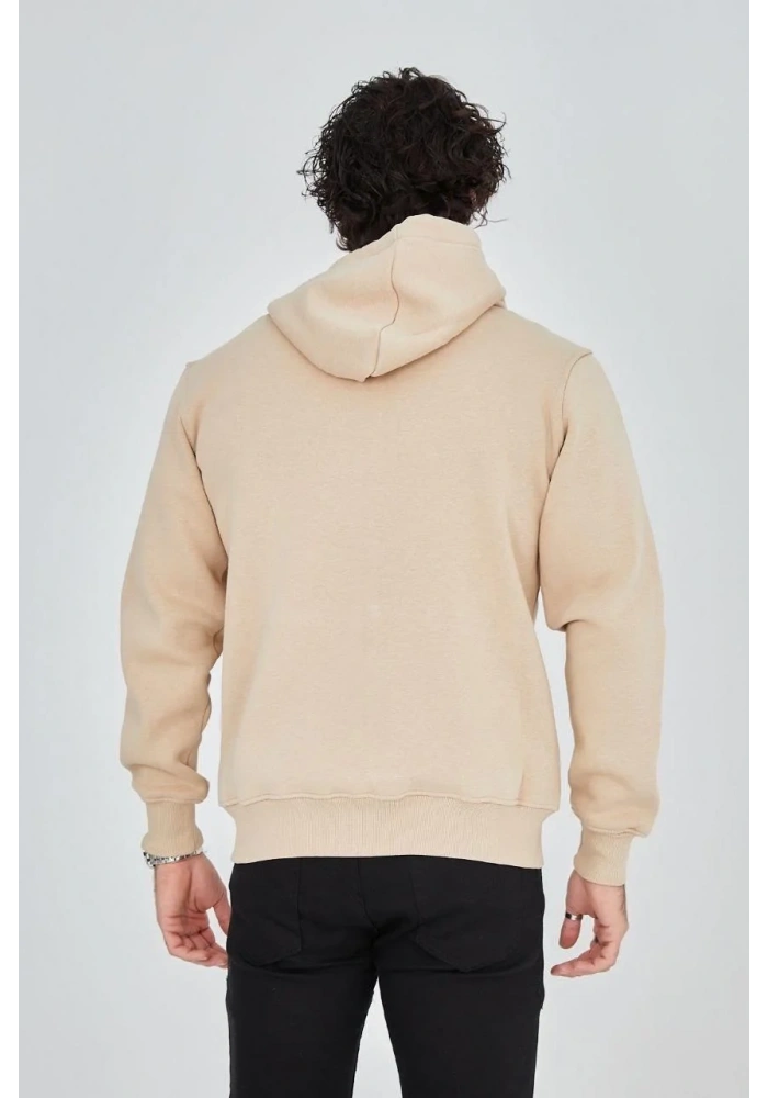 Erkek 3 İplik Pamuklu Fermuarlı Kapüşonlu Kanguru Cepli Baskılı Hoodie Hırka Sweatshirt - Bej