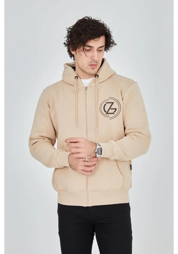 Erkek 3 İplik Pamuklu Fermuarlı Kapüşonlu Kanguru Cepli Baskılı Hoodie Hırka Sweatshirt - Bej