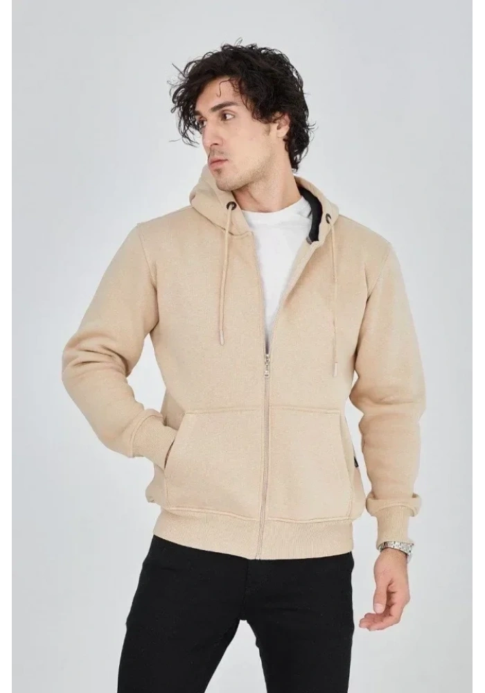 Erkek Kapüşonlu Düz Fermuarlı Hırka - Bej