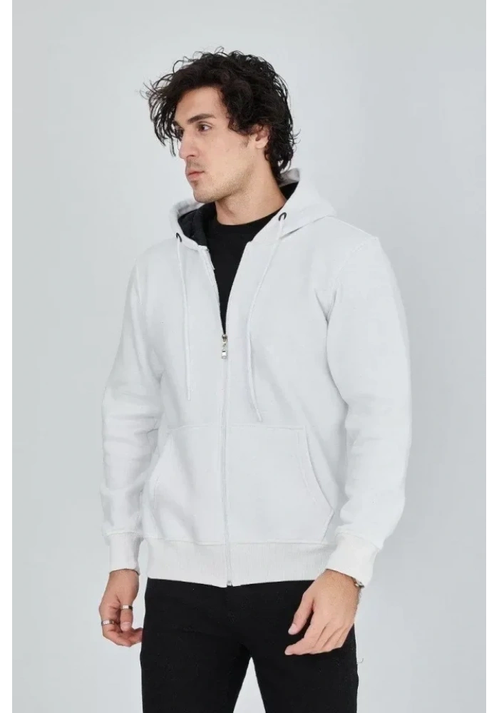 Erkek Kapüşonlu Düz Fermuarlı Hırka - Beyaz