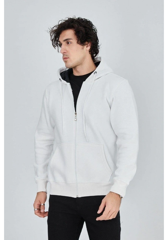 Erkek Kapüşonlu Düz Fermuarlı Hırka - Beyaz