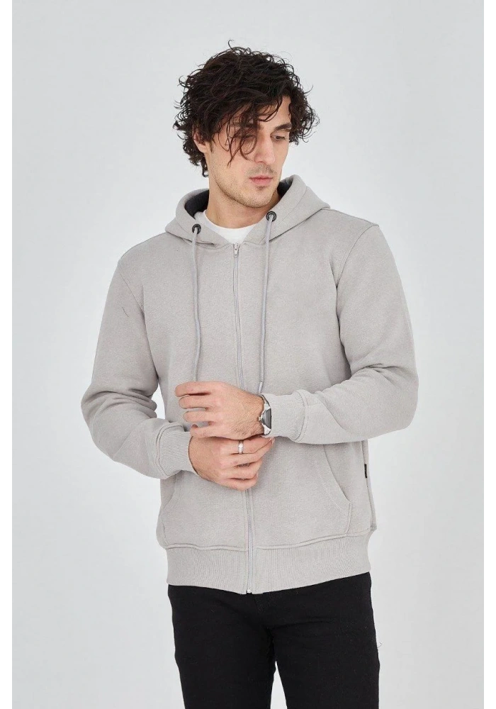 Erkek Kapüşonlu Düz Fermuarlı Hırka - Boyalı Gri