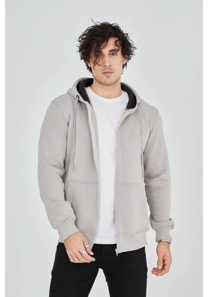 Erkek Kapüşonlu Düz Fermuarlı Hırka - Boyalı Gri