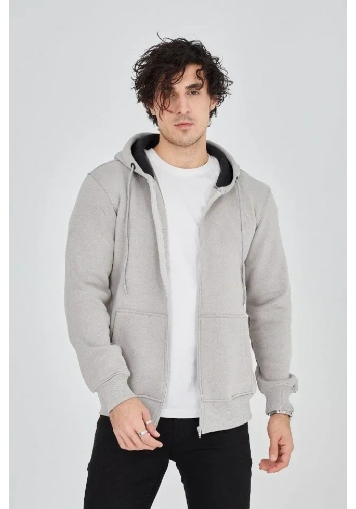 Erkek Kapüşonlu Düz Fermuarlı Hırka - Boyalı Gri