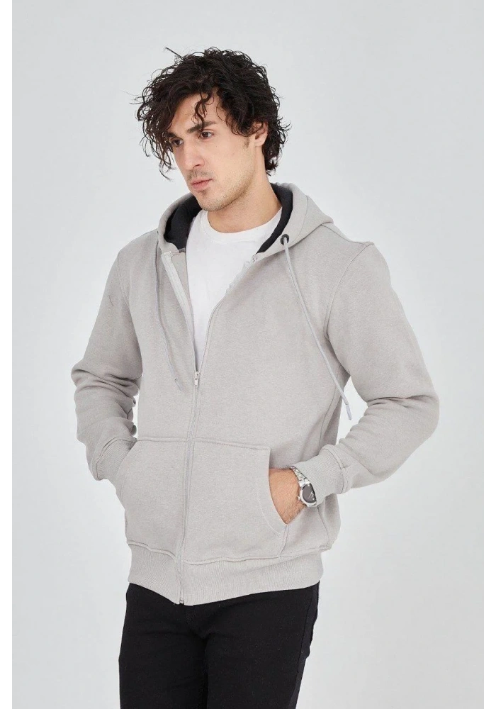 Erkek Kapüşonlu Düz Fermuarlı Hırka - Boyalı Gri