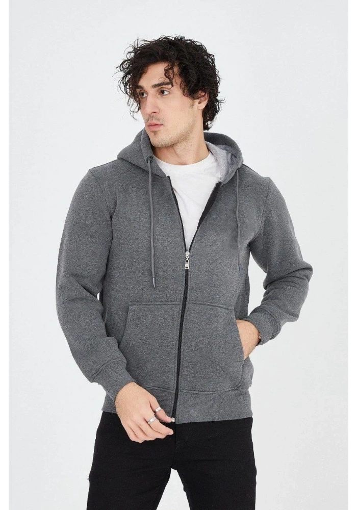 Erkek Kapüşonlu Düz Fermuarlı Hırka - Füme