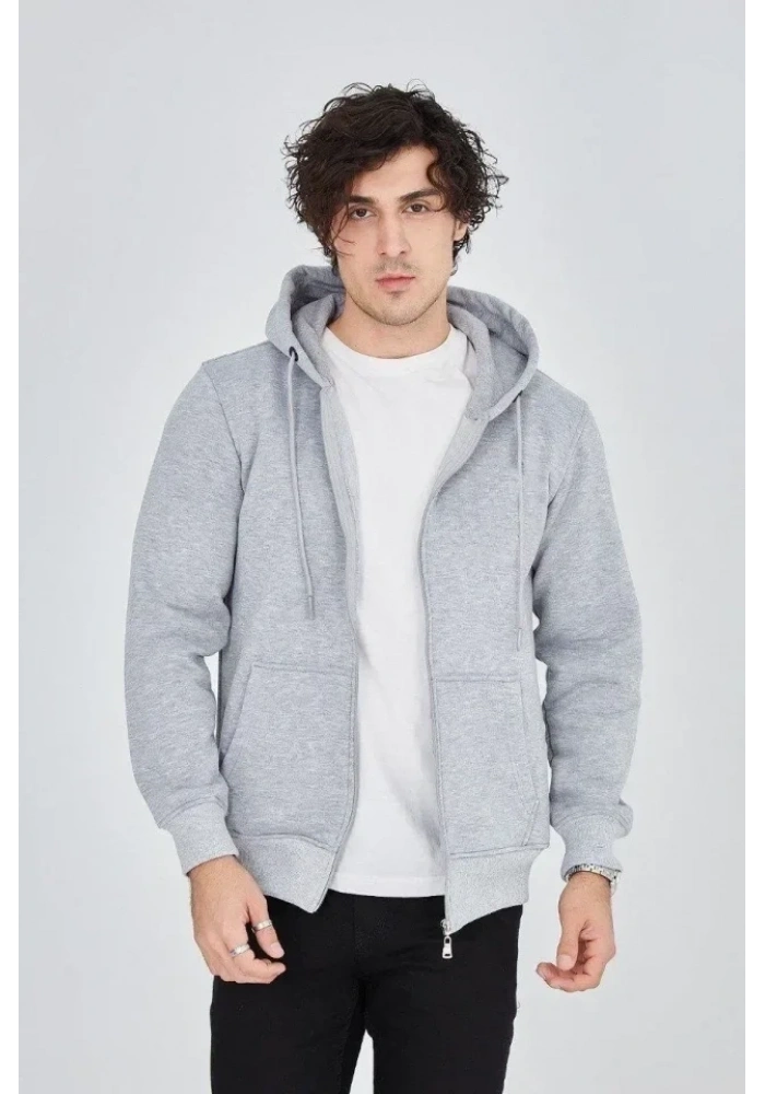 Erkek Kapüşonlu Düz Fermuarlı Hırka - Gri