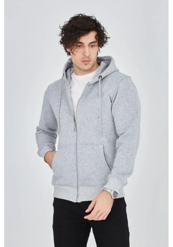 Erkek Kapüşonlu Düz Fermuarlı Hırka - Gri