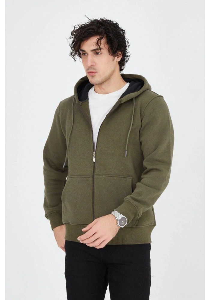 Erkek Kapüşonlu Düz Fermuarlı Hırka - Yeşil
