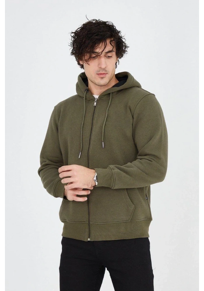 Erkek Kapüşonlu Düz Fermuarlı Hırka - Yeşil