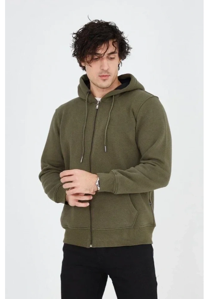 Erkek Kapüşonlu Düz Fermuarlı Hırka - Yeşil