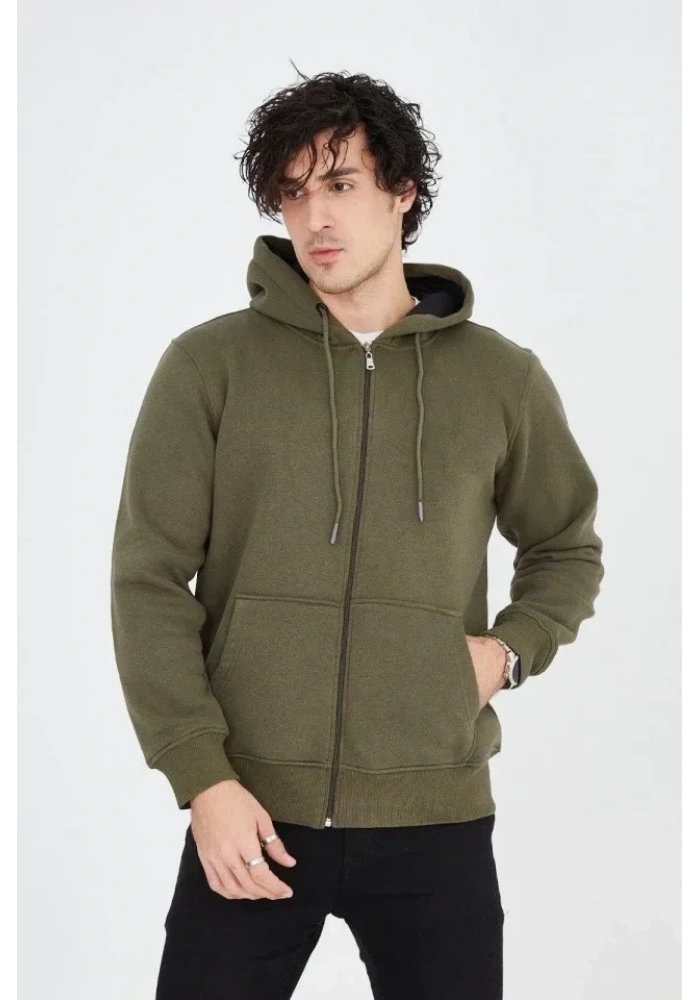 Erkek Kapüşonlu Düz Fermuarlı Hırka - Yeşil