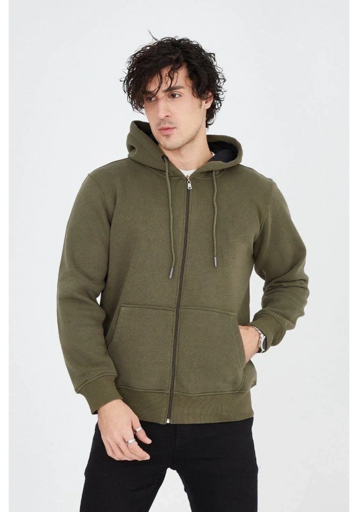 Erkek Kapüşonlu Düz Fermuarlı Hırka - Yeşil