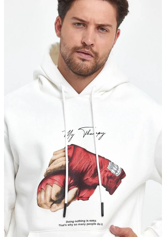 Erkek 3 İplik Pamuklu Kapüşonlu Cepli Box Eldiven Baskılı Hoodie Sweatshirt - Beyaz