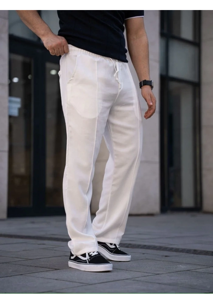 Erkek Keten Cepli Çıma Dikişli jogger Buggy Pantalon Rahat kalıp - Beyaz
