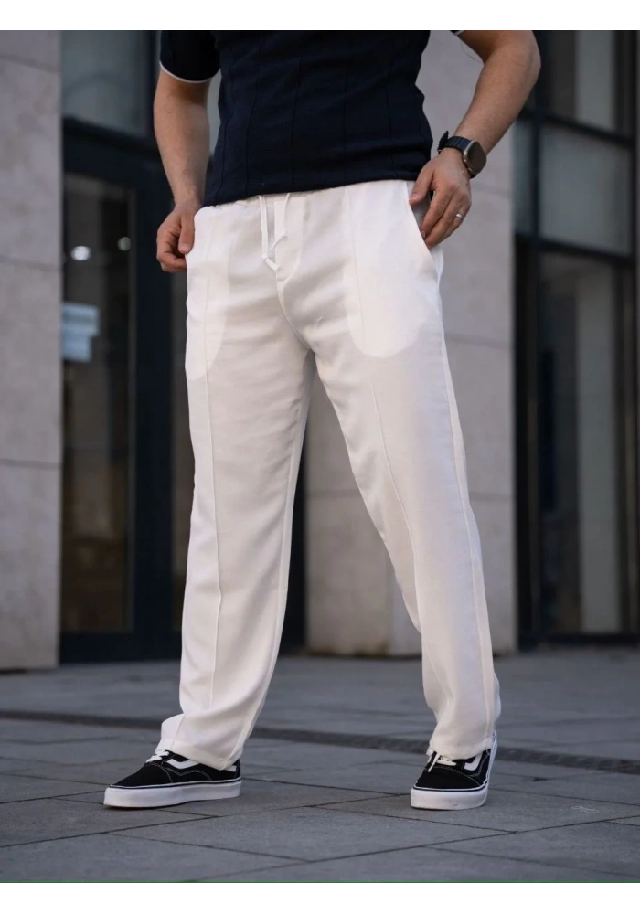 Erkek Keten Cepli Çıma Dikişli jogger Buggy Pantalon Rahat kalıp - Beyaz