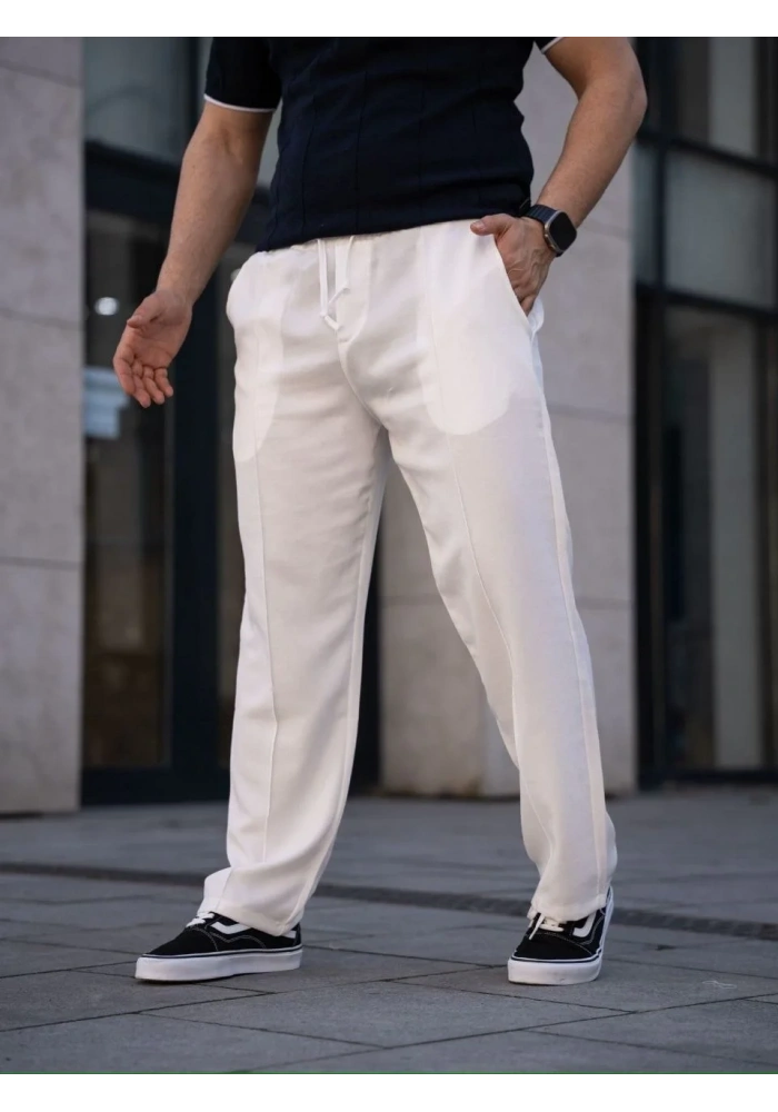 Erkek Keten Cepli Çıma Dikişli jogger Buggy Pantalon Rahat kalıp - Beyaz