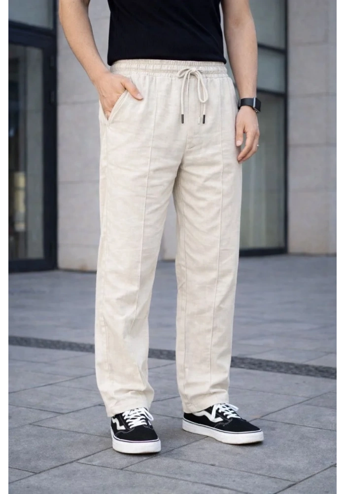 Erkek Keten Cepli Çıma Dikişli jogger Buggy Pantalon Rahat kalıp - Krem
