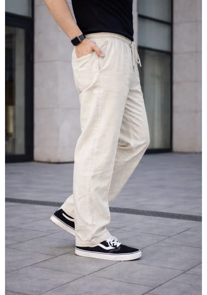 Erkek Keten Cepli Çıma Dikişli jogger Buggy Pantalon Rahat kalıp - Krem