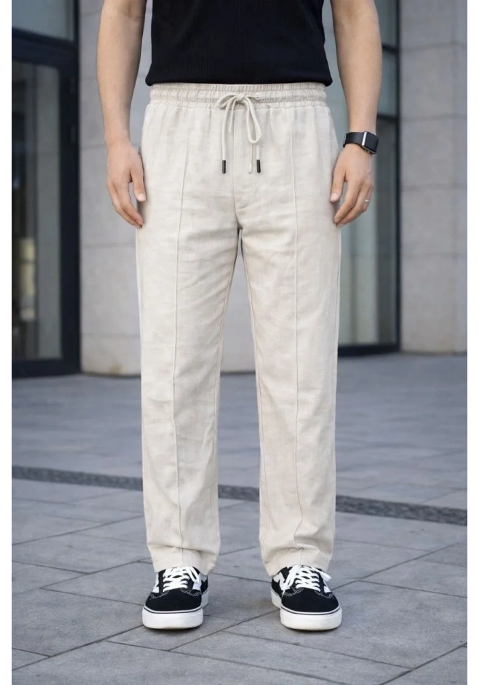 Erkek Keten Cepli Çıma Dikişli jogger Buggy Pantalon Rahat kalıp - Krem