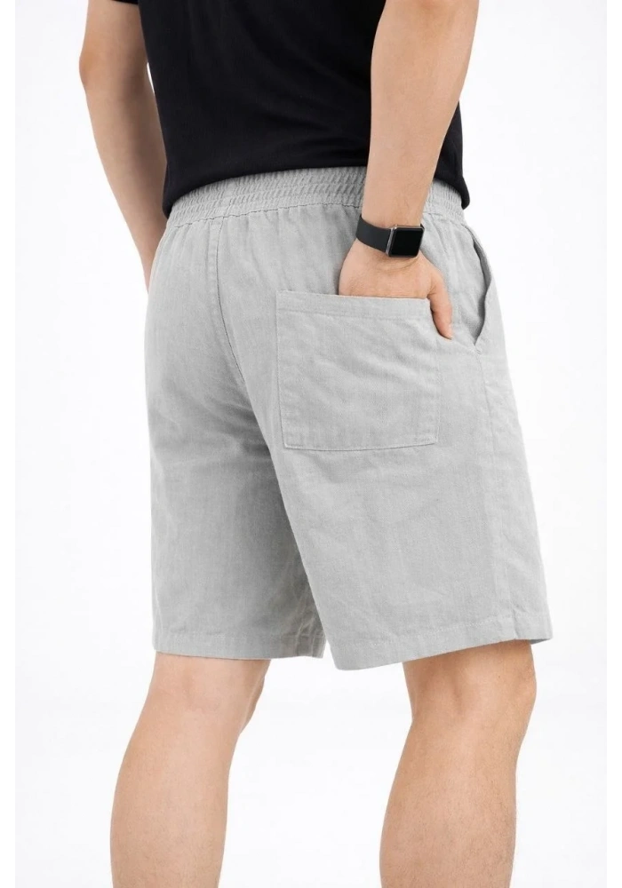 Erkek Keten Kumaş Cepli Rahat Kesim Bel Lastikli Şort - Gri