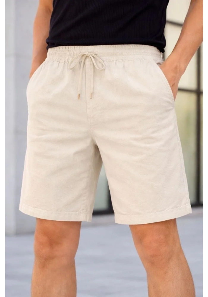 Erkek Keten Kumaş Cepli Rahat Kesim Bel Lastikli Şort - Krem