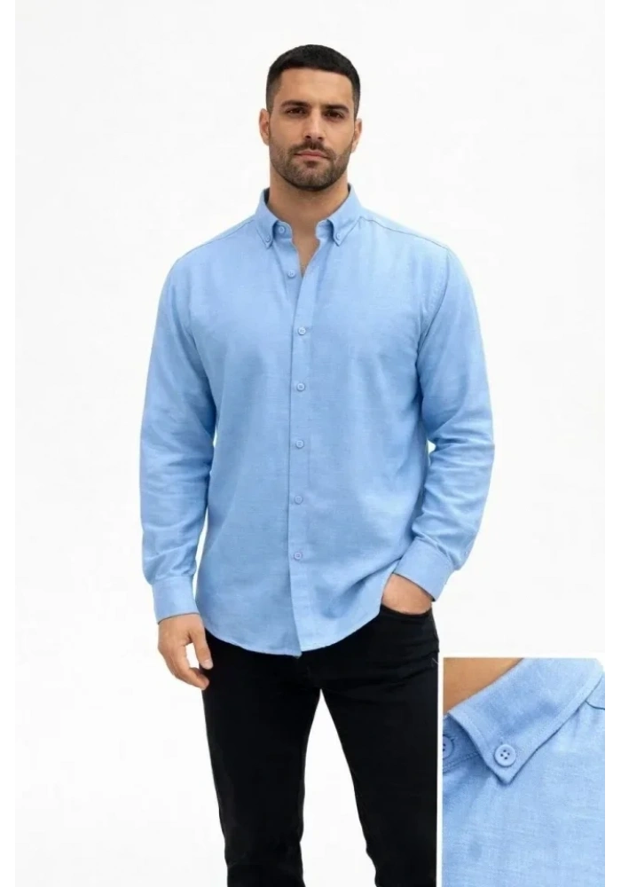 Erkek KETEN Kumaş Oversize Uzun Kollu Rahat Kalıp Gömlek - Açık Mavi