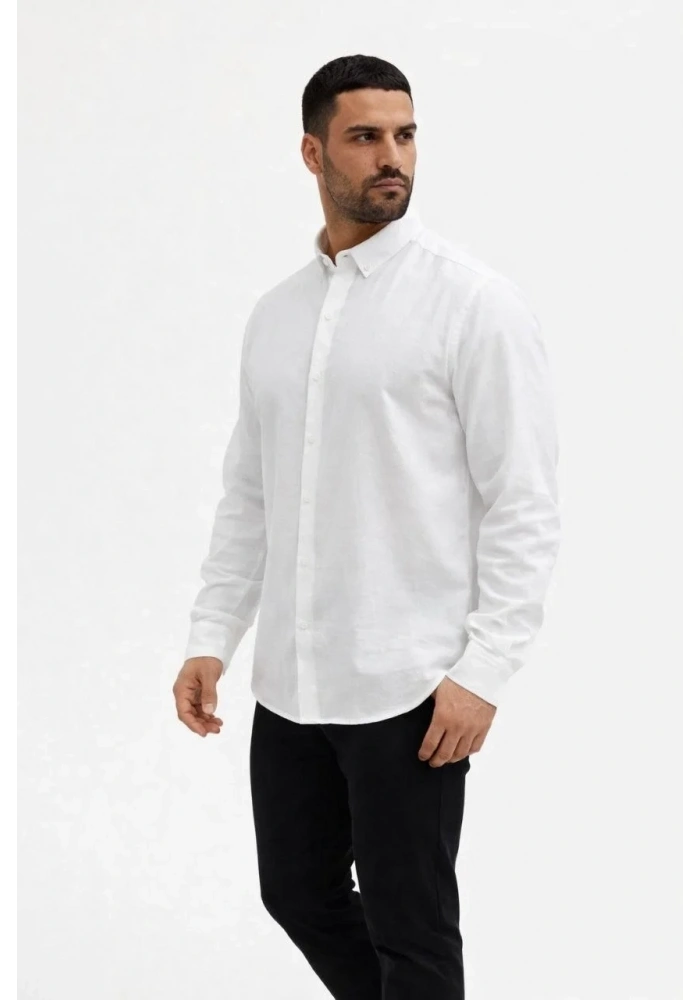 Erkek KETEN Kumaş Oversize Uzun Kollu Rahat Kalıp Gömlek - Beyaz
