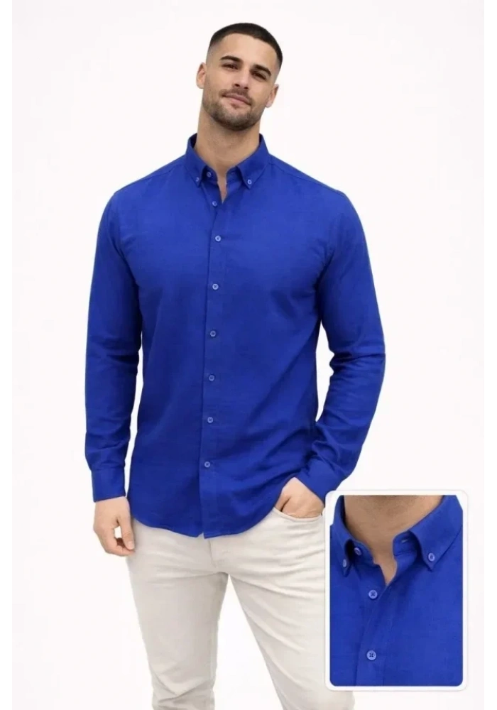 Erkek KETEN Kumaş Oversize Uzun Kollu Rahat Kalıp Gömlek - Saks Mavisi