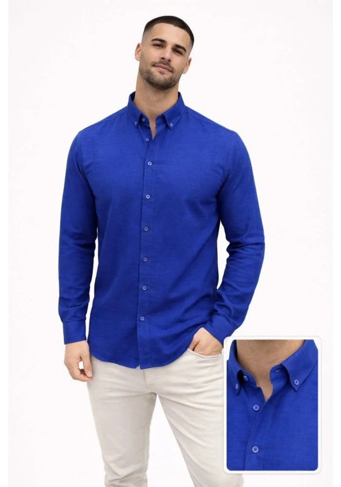 Erkek KETEN Kumaş Oversize Uzun Kollu Rahat Kalıp Gömlek - Saks Mavisi