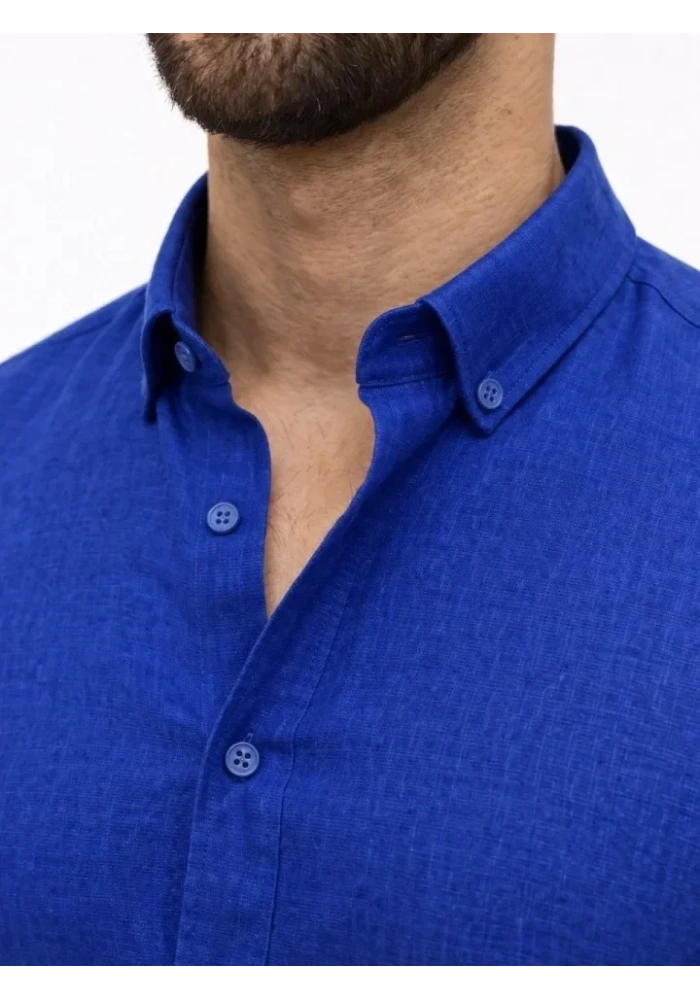 Erkek KETEN Kumaş Oversize Uzun Kollu Rahat Kalıp Gömlek - Saks Mavisi