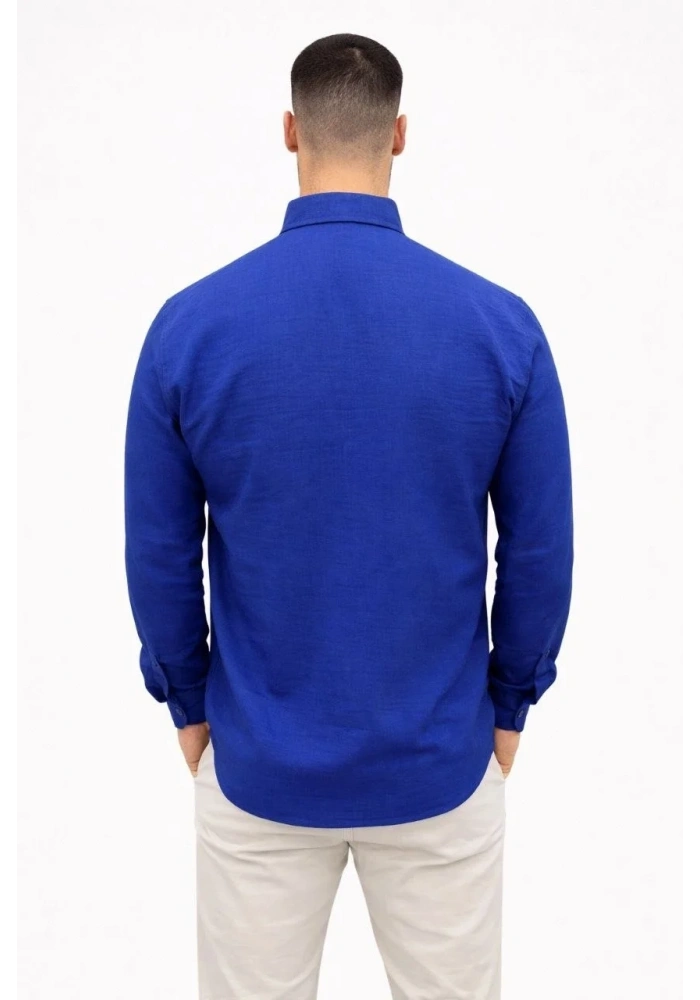 Erkek KETEN Kumaş Oversize Uzun Kollu Rahat Kalıp Gömlek - Saks Mavisi
