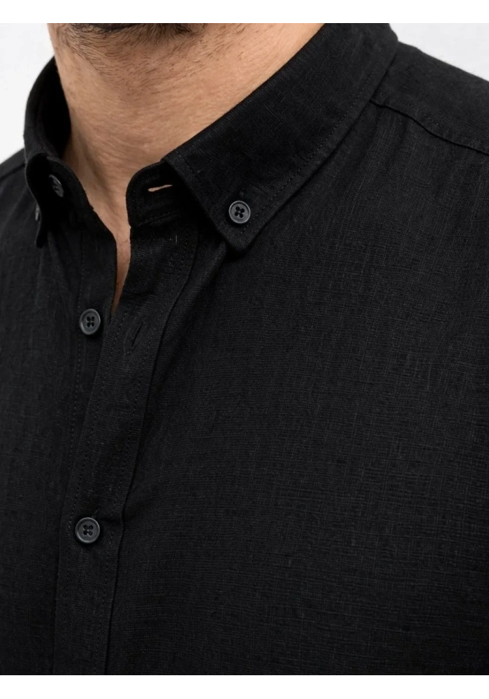 Erkek KETEN Kumaş Oversize Uzun Kollu Rahat Kalıp Gömlek - Siyah