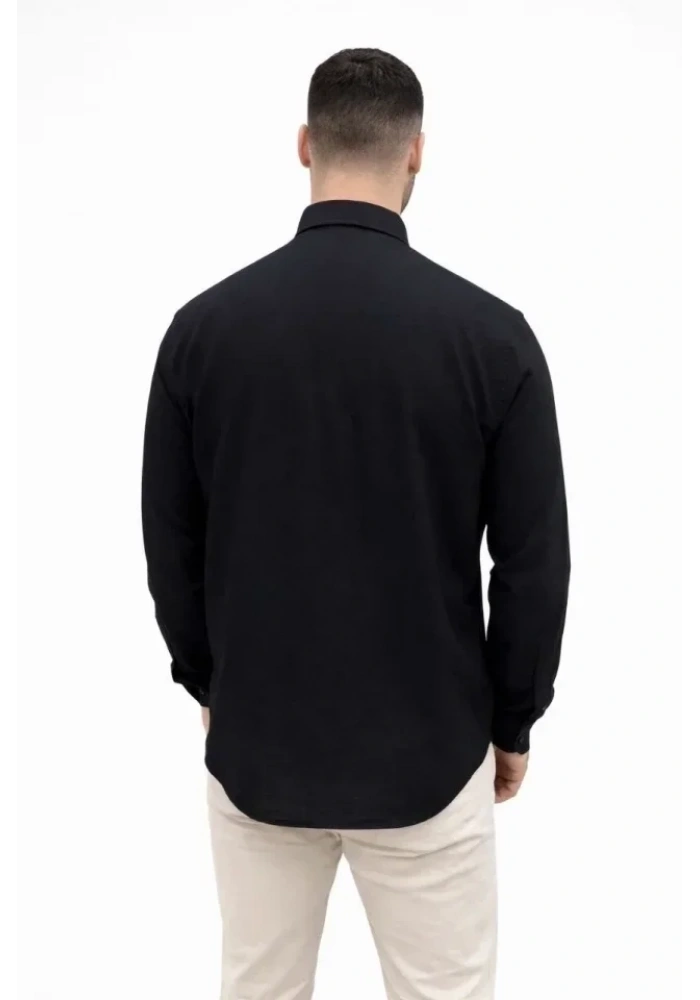 Erkek KETEN Kumaş Oversize Uzun Kollu Rahat Kalıp Gömlek - Siyah