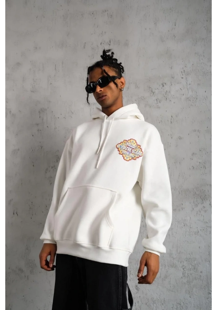 Erkek Kilim Desen Kapüşonlu Sweat - Beyaz