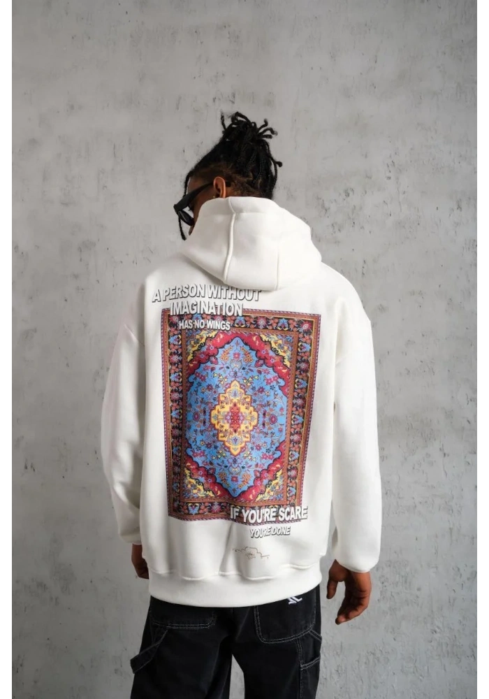 Erkek Kilim Desen Kapüşonlu Sweat - Beyaz