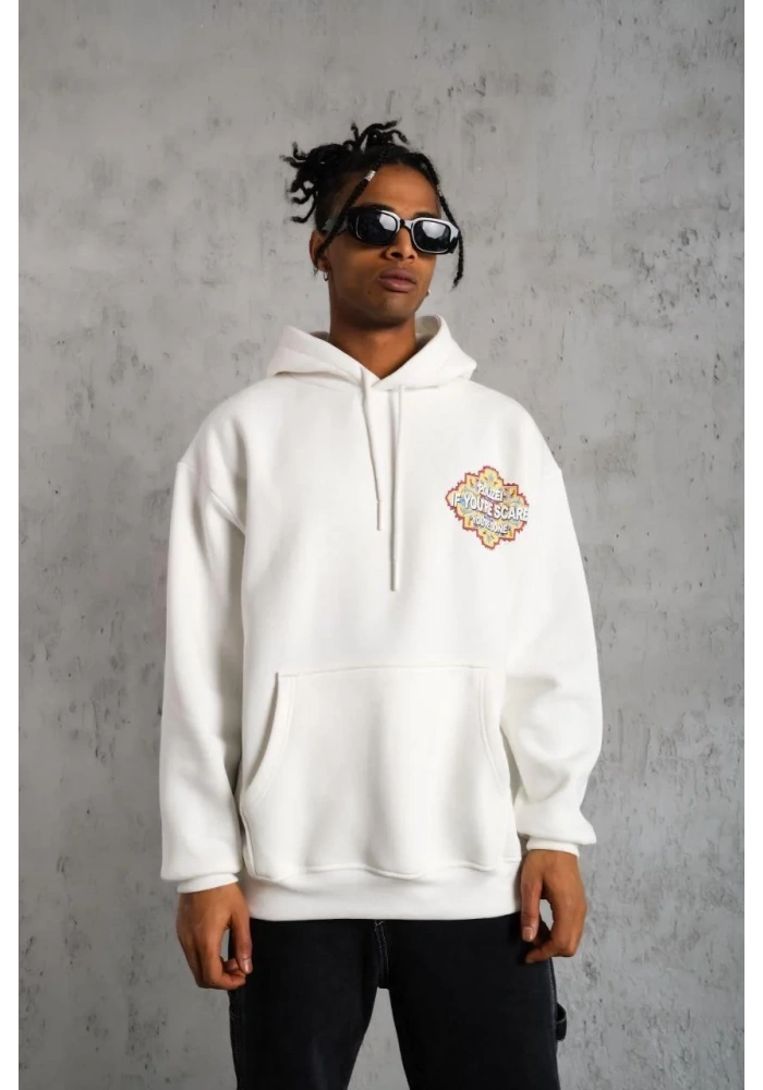 Erkek Kilim Desen Kapüşonlu Sweat - Beyaz