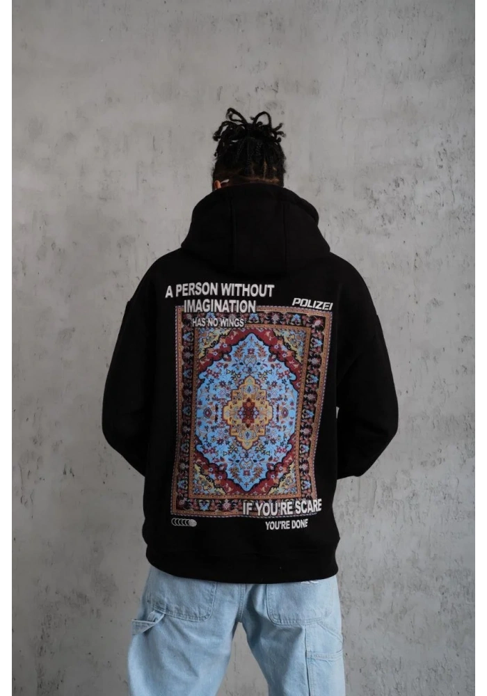 Erkek 3 İplik Pamuklu Kapüşonlu Baskılı Cepli Oversize Sweatshirt Hoodie - Siyah