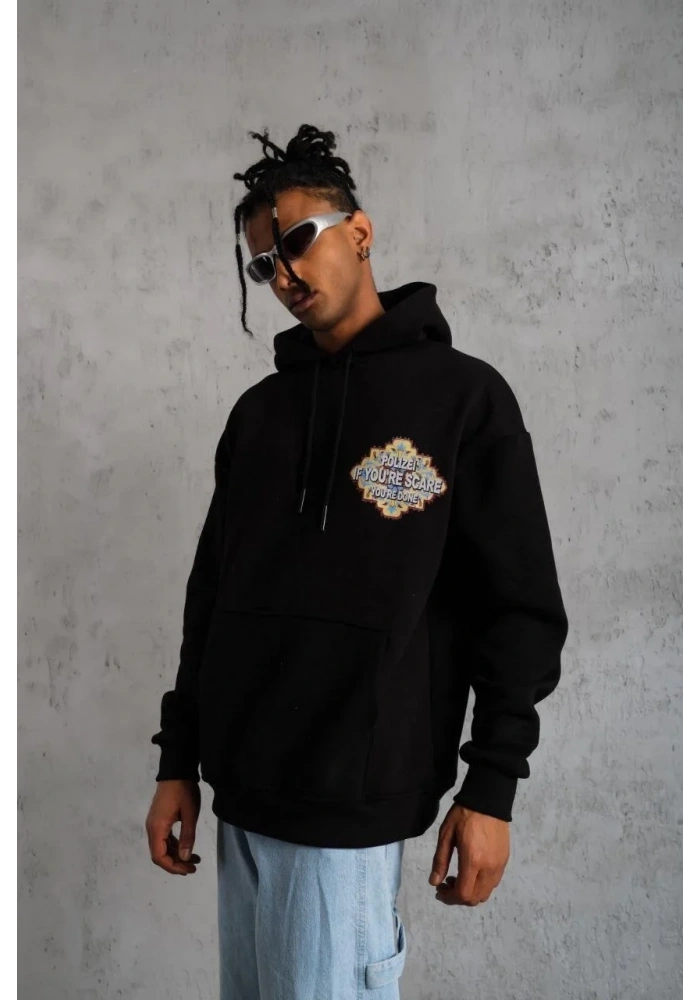 Erkek 3 İplik Pamuklu Kapüşonlu Baskılı Cepli Oversize Sweatshirt Hoodie - Siyah