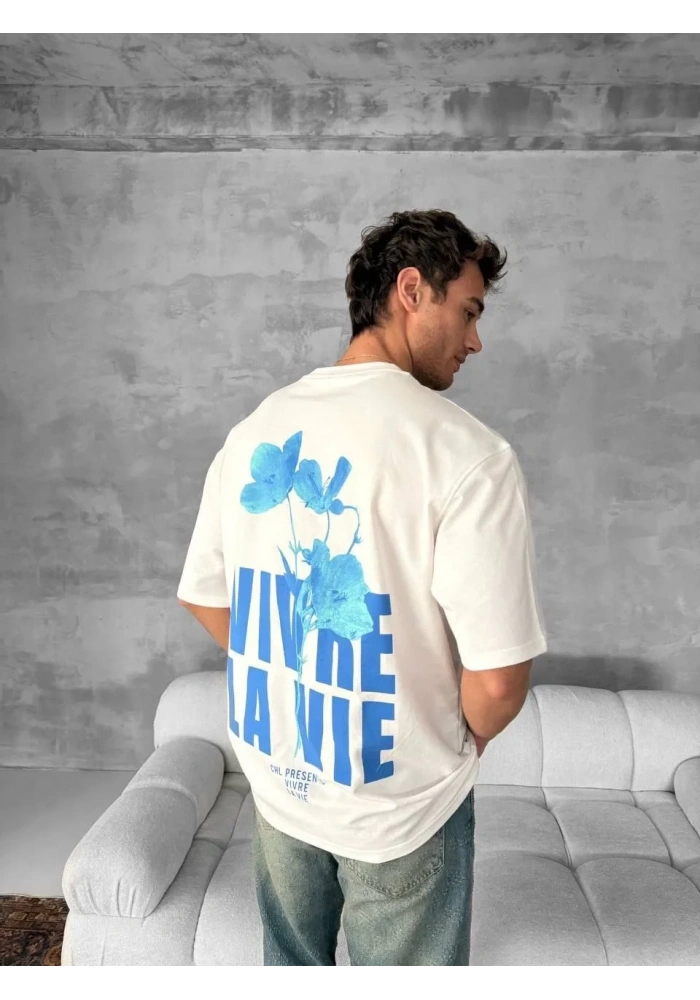 Erkek Ön ve Arka Baskılı T-Shirt Kısa Kol Bisiklet Yaka Regular Fit Tişört - Beyaz