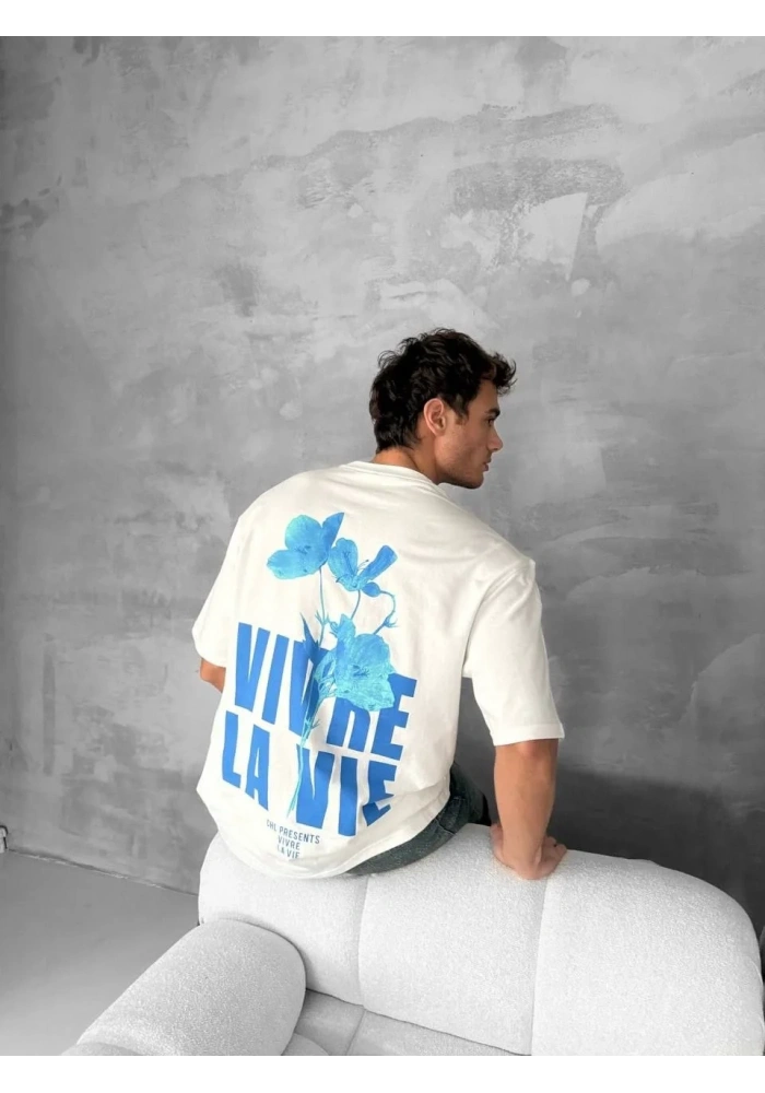 Erkek Ön ve Arka Baskılı T-Shirt Kısa Kol Bisiklet Yaka Regular Fit Tişört - Beyaz