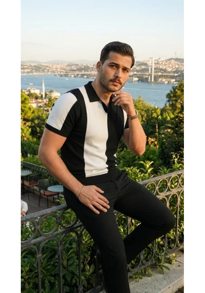 Erkek Kısa Kollu Polo Yakalı Blok Desenli Triko Bluz