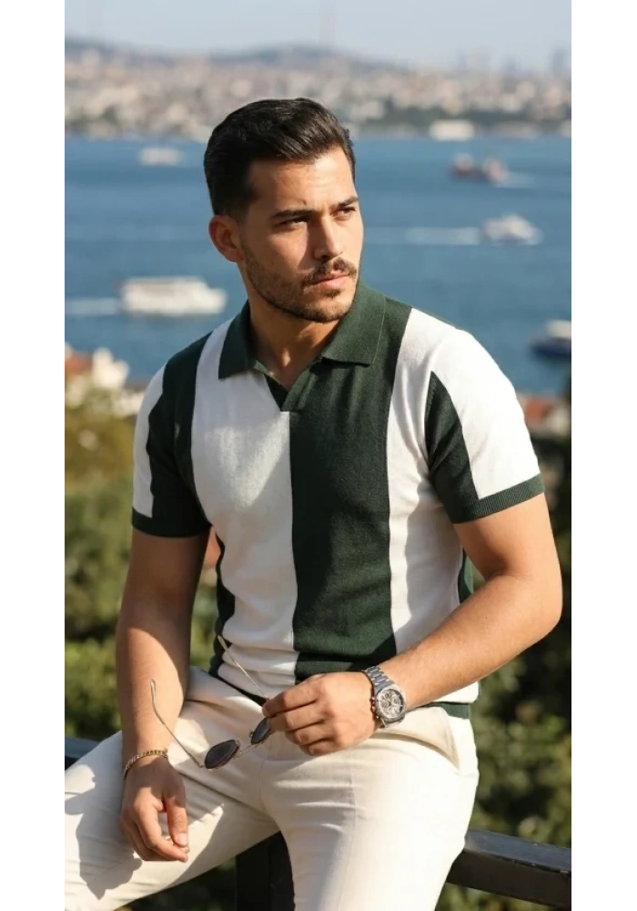 Erkek Kısa Kollu Polo Yakalı Blok Desenli Triko Bluz