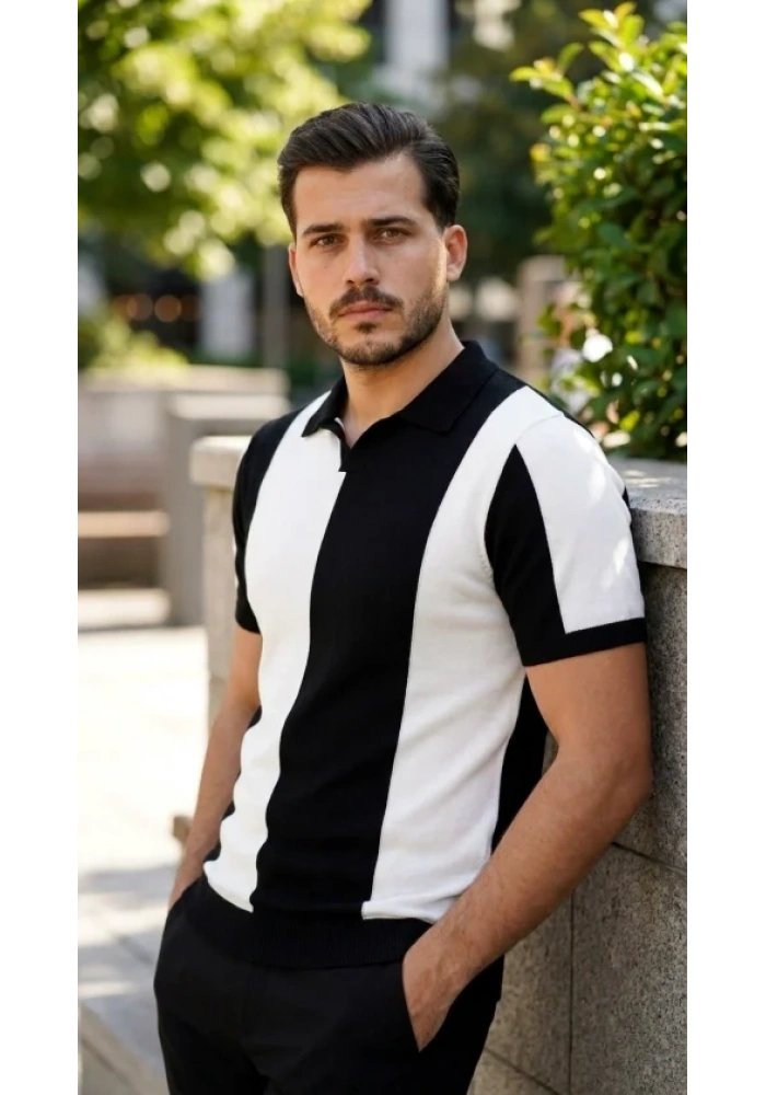Erkek Kısa Kollu Polo Yakalı Blok Desenli Triko Bluz