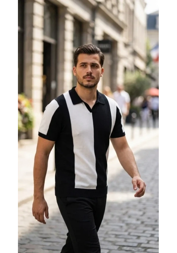 Erkek Kısa Kollu Polo Yakalı Blok Desenli Triko Bluz