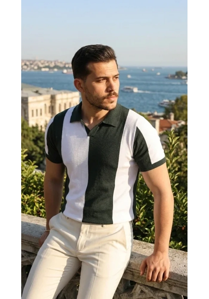 Erkek Kısa Kollu Polo Yakalı Blok Desenli Triko Bluz
