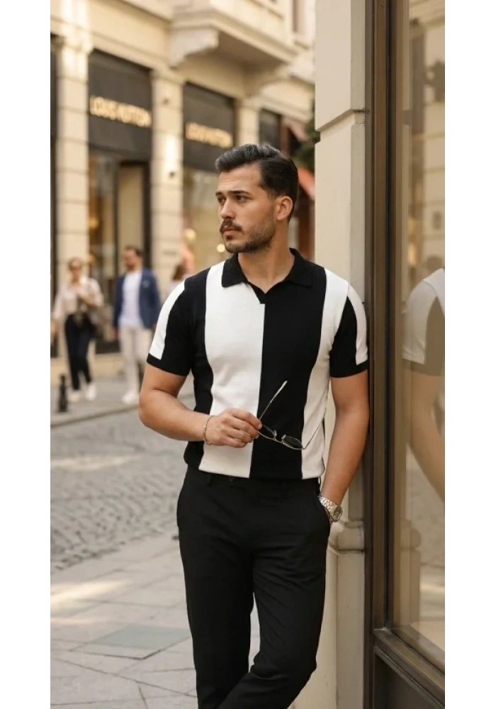 Erkek Kısa Kollu Polo Yakalı Blok Desenli Triko Bluz