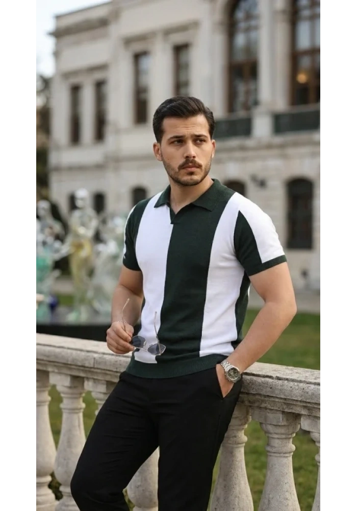 Erkek Kısa Kollu Polo Yakalı Blok Desenli Triko Bluz